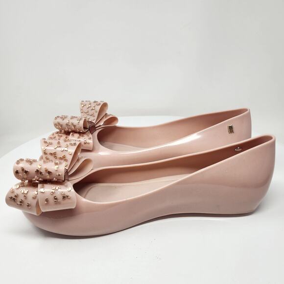 Melissa Ultragirl Sweet XVI Flats Women 9 Blush Pink Gold Accent Double Bow Peep - Picture 10 of 15